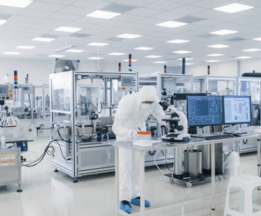 Shot of Sterile Pharmaceutical Manufacturing Laboratory where Scientists in Protective Coverall's Do Research, Quality Control and Work on the Discovery of new Medicine.
